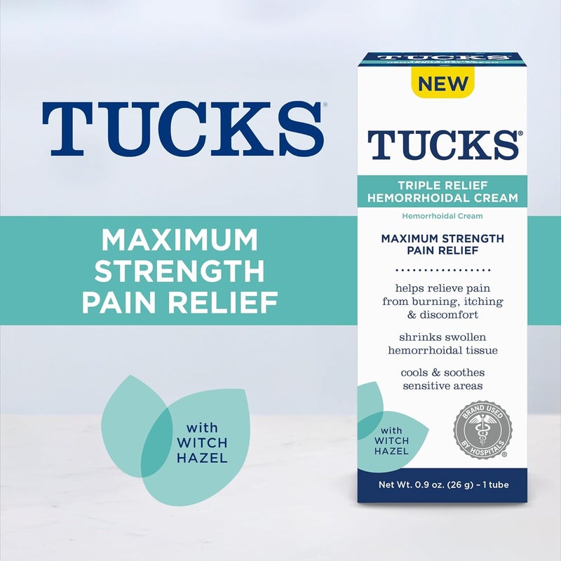 Tucks كريم هيموريدال ثلاثي الإغاثة، أقصى قوة لتخفيف الألم من الحرق، الحكة والانزعاج، مع هازيل الساحرة، علاج، علامة تجارية تستخدمها المستشفيات، 0.9 أونصة (26 جرام) - Image 2